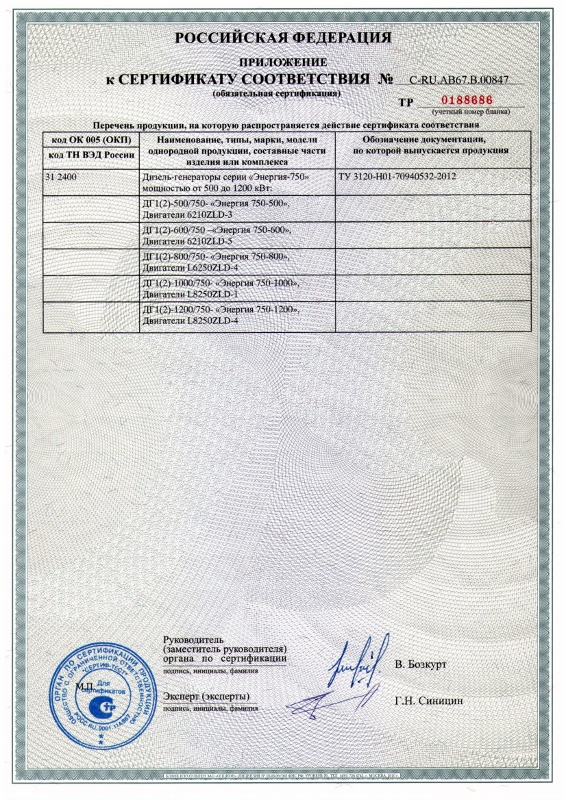 Приложение к Сертификату "Энергия-750"